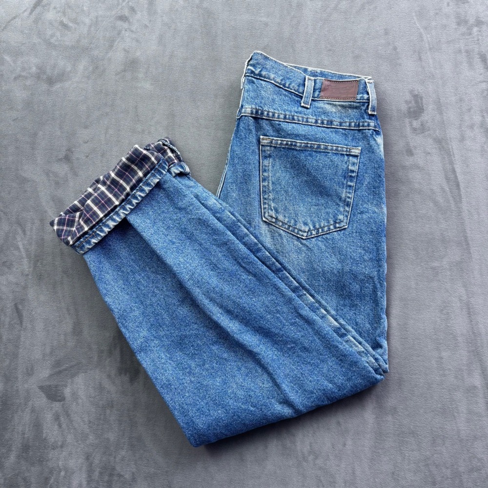 LL Bean Double L Classic Fit Flannel Lined Jeans Mens 36x32 Blue Plaid R840-014